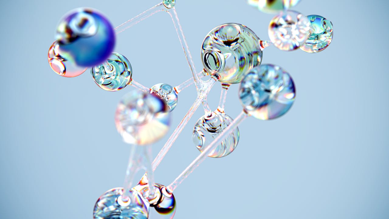Flowing glass-like molecular structure in blue. Conceptual digital art with a tech twist.